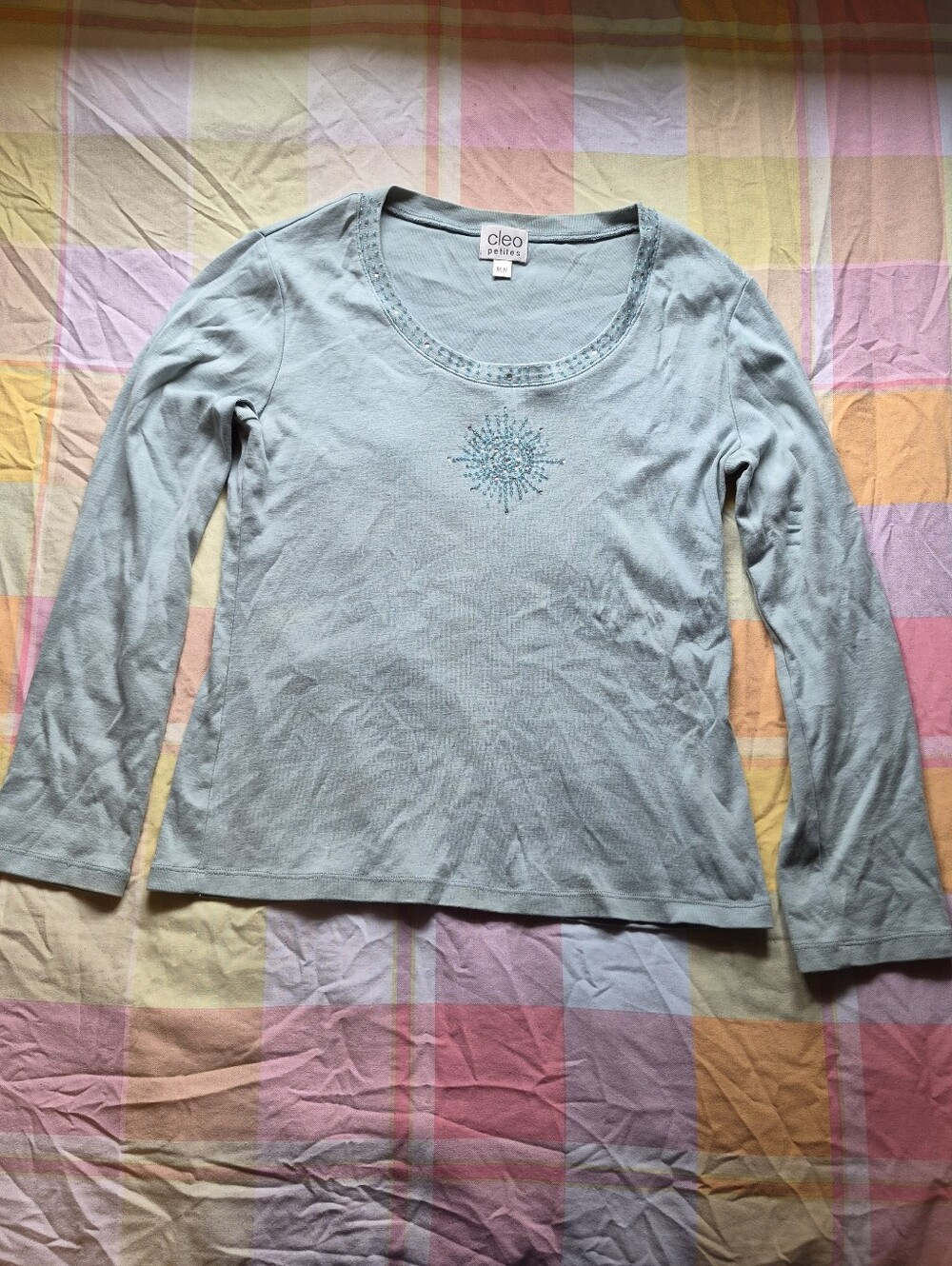 cleo Light Blue Long-Sleeve Scoop Neck Top with Center Embroidery